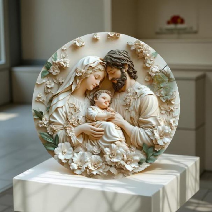 Decoração Católica Sagrada Família da Paz com Flores Brancas