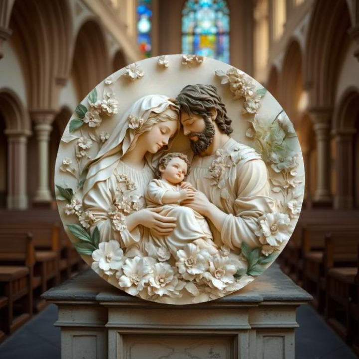 Decoração Católica Sagrada Família da Paz com Flores Brancas