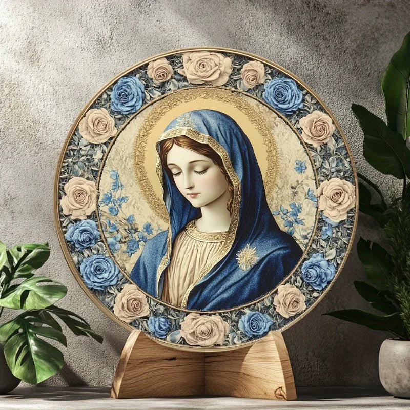 Decoração Católica Nossa Senhora com Rosas Azuis e Dourado