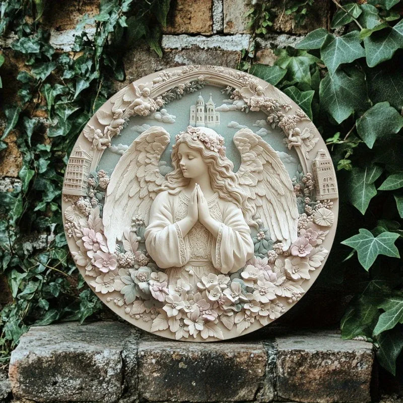 Decoração Católica Anjo em Relevo com Flores e Catedral